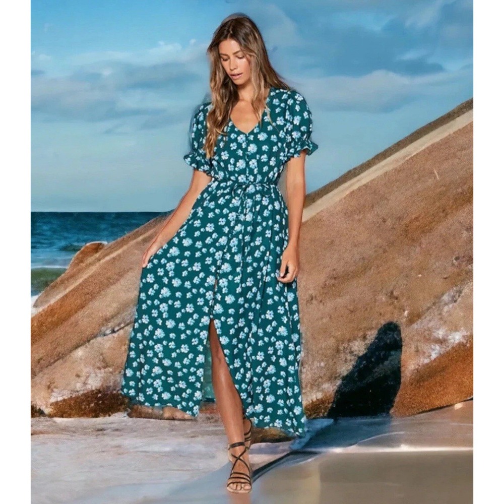 Outerknown Women's XS Kira Dress Green Floral Maxi Puffed Sleeves Flowy NEW‎